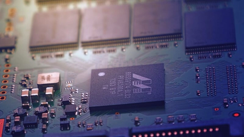 A closeup of a microchip, demonstrating the concept of innovation in technology