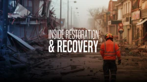 Image featuring disaster recovery in action: a team from BMS CAT assessing a damaged property, equipped with tools and technology, showcasing expertise in restoration and preparedness.