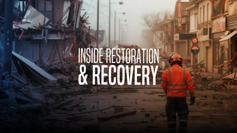 Image featuring disaster recovery in action: a team from BMS CAT assessing a damaged property, equipped with tools and technology, showcasing expertise in restoration and preparedness.